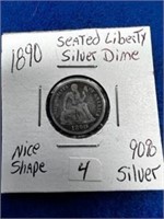 1890 Seated Liberty Silver Dime - Nice Shape