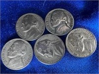 5- Silver War Nickels 1942 to 1945 P,D,S Mints