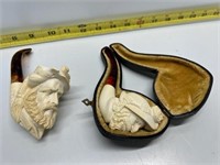 2 Hand Carved Meerschaum Pipes - One With Case