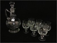 Matching Etched Glass Decanter & 6 Pedestal