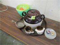 Bean pot (chipped), Cream & sugar Tupperware,