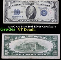 1934C $10 Blue Seal Silver Certificate Grades vf d