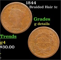 1844 Braided Hair Large Cent 1c Grades g details