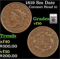 1819 Sm Date Coronet Head Large Cent 1c Graded vf3