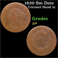1820 Sm Date Coronet Head Large Cent 1c Grades g,