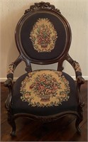 ANTIQUE VICTORIAN CARVED WOOD NEEDLEPOINT CHAIR