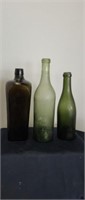 3 antique vintage dark green glass bottles