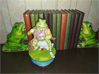 O -Vintage books with frog bookends
