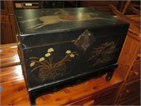 PAINTED ORIENTAL STYLE LIFT TOP TRUNK W/ STAND
