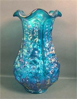 Fenton Sapphire iridised Poppy Show Ruffled Vase