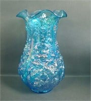 Fenton Iridised Sapphire Poppy Show Ruffled Vase