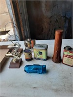 Old tins, US flashlight and misc