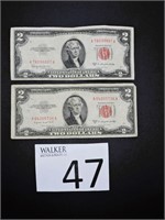 Two 1953 B&C Red Seal $2 Bills