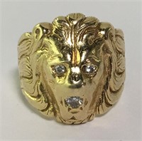 14k Gold Men's Lion Ring With Diamonds