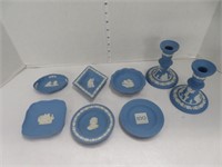 PR WEDGWOOD CANDLESTICKS & 6 SMALL DISHES
