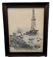 Pair of Framed Sketch Art Oil Rigs