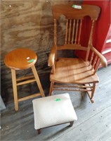 Rocking Chair, Wooden Stool, And Foot Stool