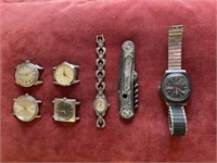 Misc. vintage watch faces & parts & pocket knife