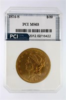 1874-S Liberty Gold $20 PCI MS-63 LISTS FOR $38500