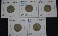 5 pcs Buffalo Nickles - Various Dates