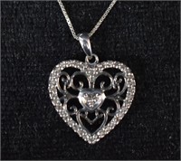 Sterling Silver Diamond  Heart Pendant Necklace.