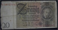 German Republic $20 Reichmark Banknote.