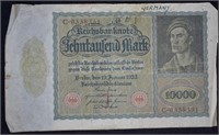 German Republic $10000 Reichmark Banknote.