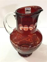 Red Cut to Clear Glass Pitcher
