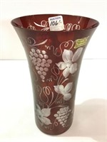 Red Clear Etched Grape & Floral Design Vase