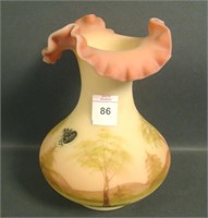 Fenton Burmese Tri Cornered Vase W/ Tree