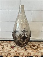 27 in glass vase in footed metal copper holder