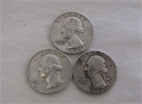 3 Silver Quarters 1946-D, 1958-D & 1961-D