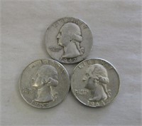 3 Silver Quarters 1942, 1964-D & 1964