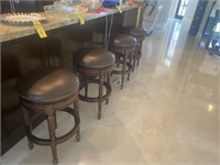 WOOD BAR STOOLS WITH BROWN LEATHER SEATS