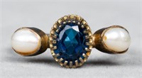14K Yellow Gold & Silver Blue Stone & Pearl Ring