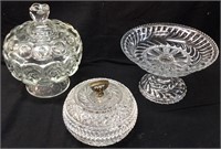 (3) GLASS CANDY DISHES w LIDS & CAKE STAND