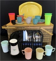 Vintage picnic set including basket and assorted p