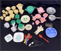 Large set of plastic play dishware and accessories