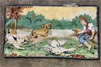 Vintage tapestry rug depicting dogs chasing a goos