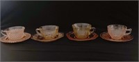 Set of 4 blush Depression glass cup and saucer set