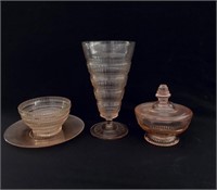 Vintage blush Depression glass items including a s