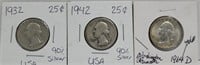 1932 1942 1964D 90% Silver Quarters