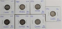 Lot of 7 Assorted Silver Canadian 10 Cent Coins