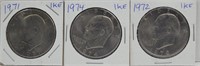Lot of 3 Eisenhower Dollar Coins 1971 1972 1974