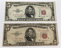2 1953 Series B Red Seal Five Dollar Bill