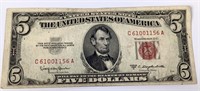 1953 Series C Red Seal Five Dollar Bill Circulated