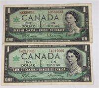 Two 1967 Canadian One Dollar Bills Circulated