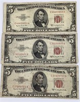 Three 1953 Red Seal Series B Five Dollar Bills