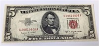 1953 Series B Red Seal Five Dollar Bill Circulated