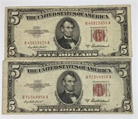 Two 1953 Series A Red Seal Five Dollar Bills